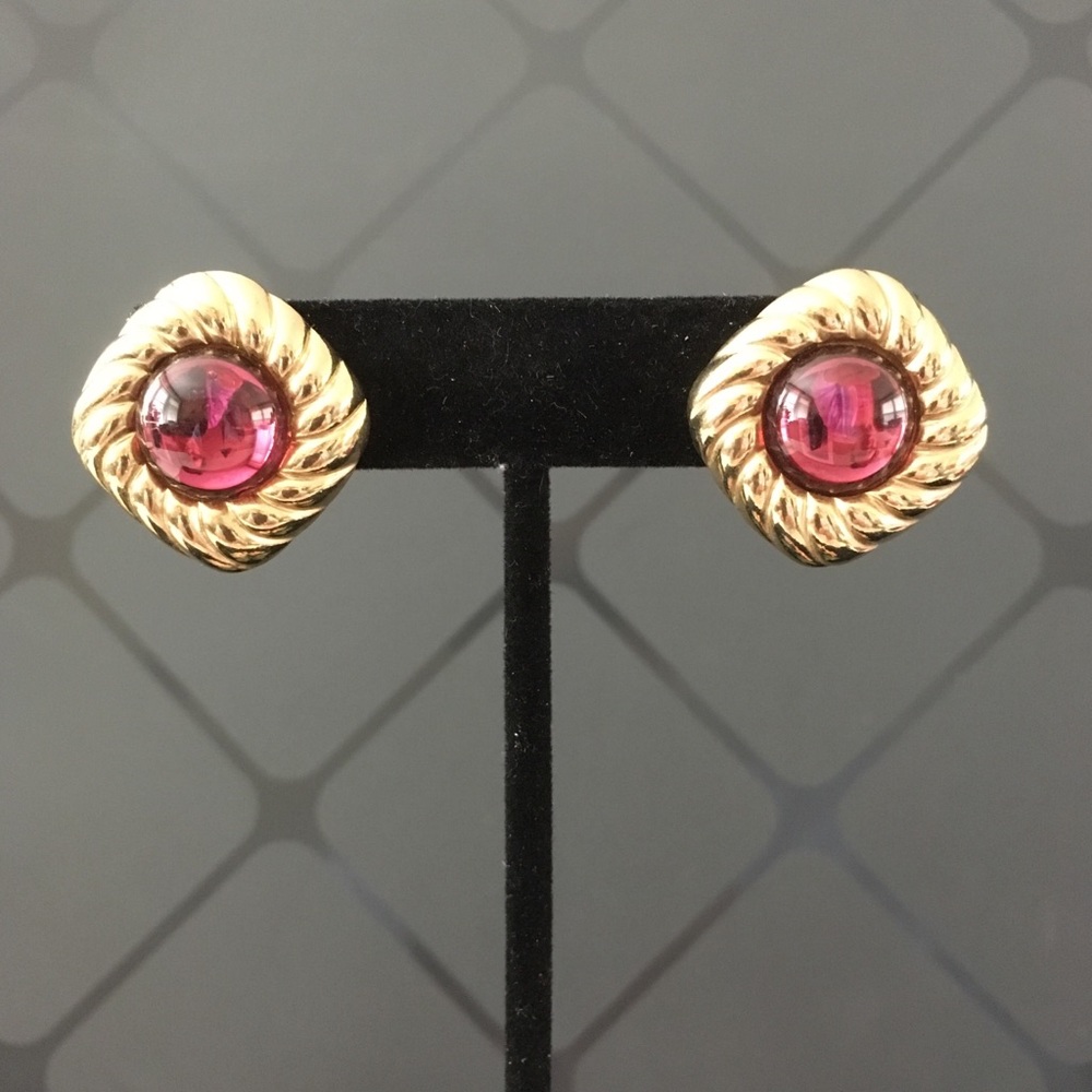 Square Cushion Earrings -Purple Cobachon Centers